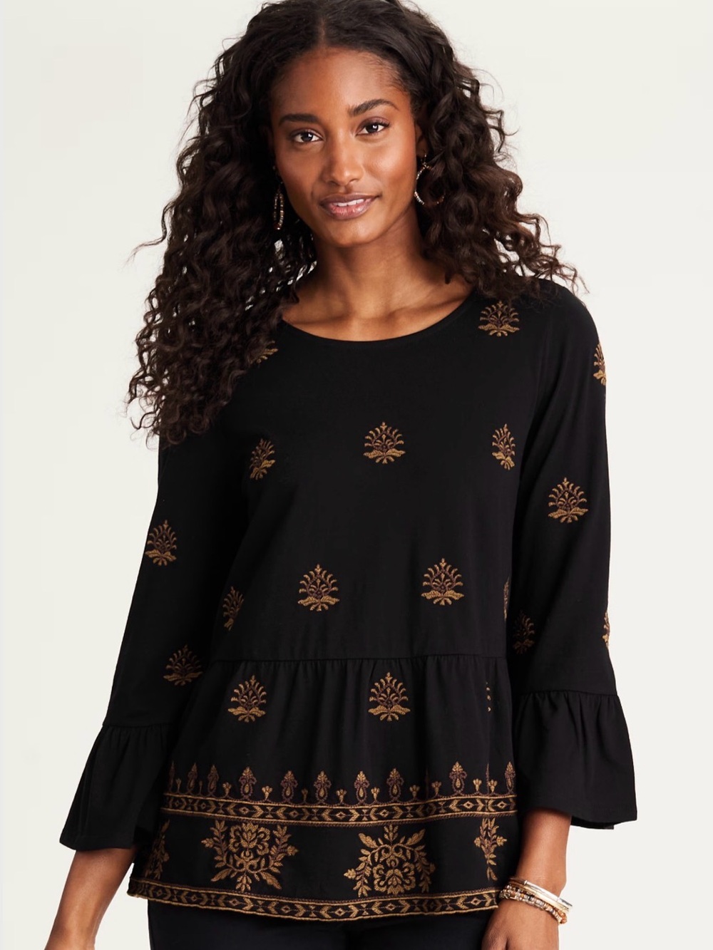 Pure Jill Embroidered-Knit Flounced Top